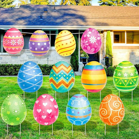 Beeveer 12 Pcs Easter Yard Signs Lawn Sign with Stakes Easter Egg Yard Decor Outdoor Lawn Decorations Hanging Ornaments for Spring Patio Garden Party Supplies Photo Props