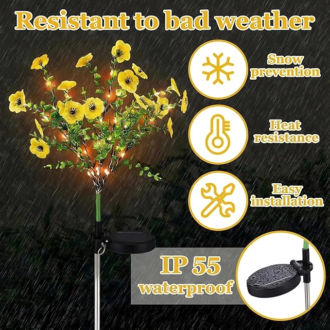 Glooglitter 2 Pack Solar Stake Lights Outdoor Decor Waterproof Mums Artificial Flowers Solar Lights for Outdoor Garden Yard Pathway Decor (Yellow,Violet)