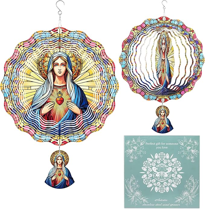 Hanging Wind Spinners Outdoor, 3D Kinetic Metal Wind Spinner with Virgin Mary Sacred Heart Design for Garden Yard Decor, Catholic Gifts for Women Sympathy Memorial
