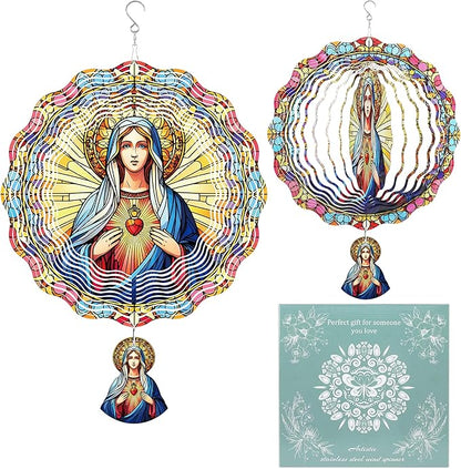 Hanging Wind Spinners Outdoor, 3D Kinetic Metal Wind Spinner with Virgin Mary Sacred Heart Design for Garden Yard Decor, Catholic Gifts for Women Sympathy Memorial