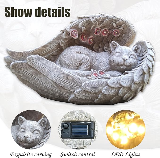 Solar Cat Garden Statue Decor for Outside, Cat Lover Gifts with Wings and 7 LED Lights for Outdoor,Sol Garden and Patio Decor for Yard, Unique Birthday House Warming Gifts for Mom