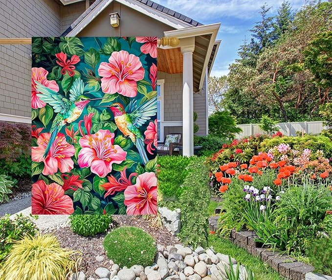 Spring Summer House Flag 28 x 40 Inch Double Sided, Colorful Hummingbird Floral Garden Flag Large Outdoor Seasonal Flags for Garden Patio Lawn Decor