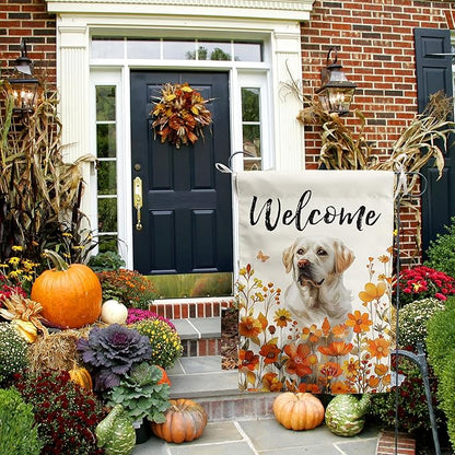 Floral White Lab Garden Flag Fall Yard Flag Wildflower Labrador Dog Garden Flags Orange Autumn Lawn Flags Welcome Thanksgiving Outdoor Flags for Outside 12x18 Double Sided Small