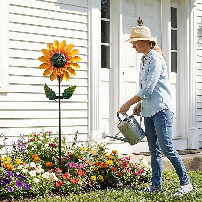 Sunflower Solar Wind Spinners for Yard and Garden - 52" Metal Windmill Ligths with LED Wind Sculptures with Stake for Lawn Patio Decor