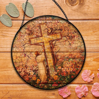 Cross Flower Suncatcher Stained Glass Window Hanging, Jesus Christian Wildflower Landscape Sun Catchers Indoor Window Glass Round Wall Decor, Religious Wall Art Hanging Decorations, ＂7.8x7.8＂