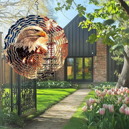 American Eagle Flag Wind Spinner Outdoor, USA 250th Anniversary Wind Chime, 8 Inch 3D Metal Garden Wind Spinner, Stainless Steel Patriotic Yard Hanging Decor Gift