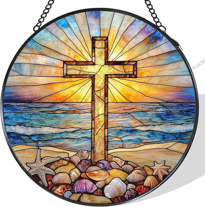 Cross Coastal Stained Glass Window Hanging Suncatcher, Christian Beach Shells Sunset Sun Catcher Indoor Window Decor Gifts, Religious Painted Glass Round Wall Hanging Decorations 7.8x7.8 in