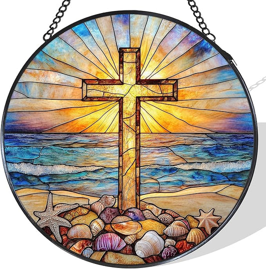 Cross Coastal Stained Glass Window Hanging Suncatcher, Christian Beach Shells Sunset Sun Catcher Indoor Window Decor Gifts, Religious Painted Glass Round Wall Hanging Decorations 7.8x7.8 in
