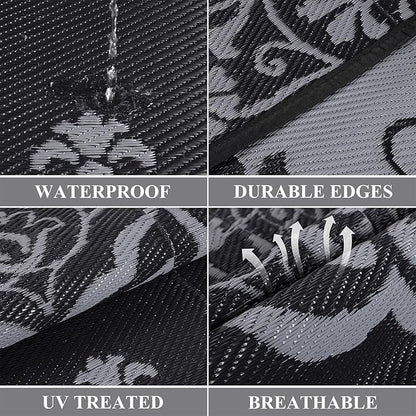 Pauwer Waterproof Outdoor Rug 6x9, Reversible Plastic Straw Patio Camping Rug, Indoor Outdoor RV Mat Carpet for Deck, Camper, Porch, Balcony, Backyard, Picnic, Boho Black Grey