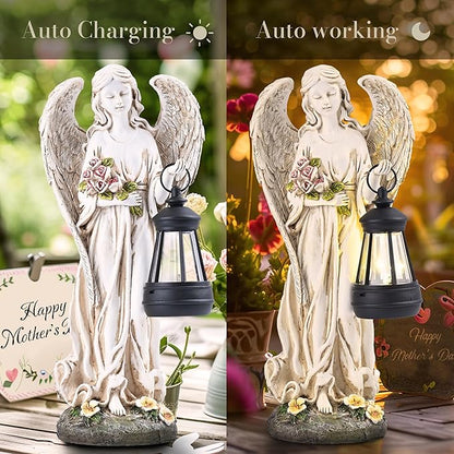 TERESA'S COLLECTIONS Angel Garden Statues with Warm Solar Light for Outdoor Decor, Resin Figurines Holding Solar Lantern for Outside, Lawn Ornament for Yard Patio Hallway, Gifts for Mom Women, 10"