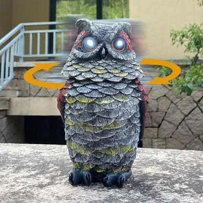 Owls to Keep Birds Away, Solar Owl Decoys to Scare Birds Away, Small Fake Owl for Bird Control, Resin Owls Outdoor Decor with Rotating Head and Lighted Eyes, Animal Deterrent for Outside, Garden