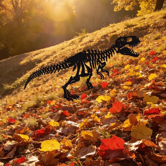 Metal Dinosaur Skeleton Garden Stake – Outdoor Dinosaur Fossil Statue for Yard and Garden Decor, Black Iron Decorative Lawn & Patio Stake