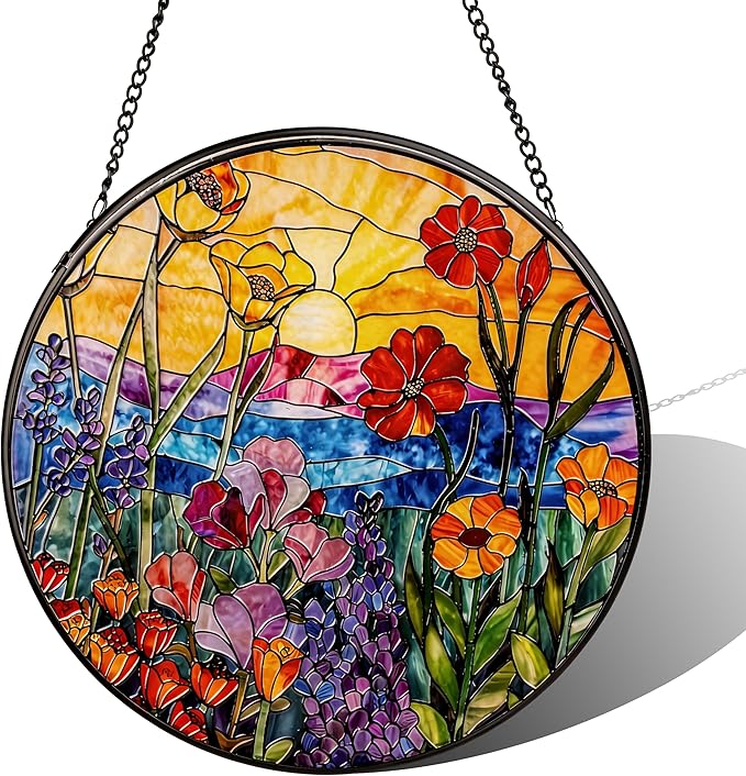 Stained Glass Sun Catcher,Wild FlowersStained Glass Window Hanging Garden Decor,Sun Catchers Indoor Window,Whimsical Decoration for Home Backyard Patio Lawn Porch with 9.8 INCH