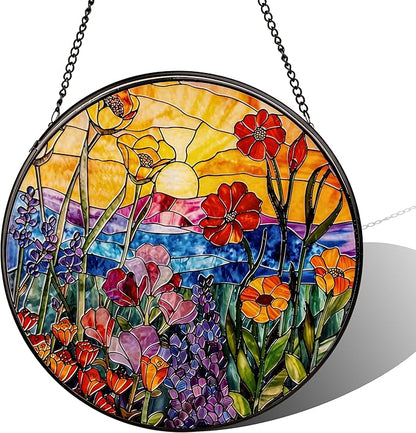 Stained Glass Sun Catcher,Wild FlowersStained Glass Window Hanging Garden Decor,Sun Catchers Indoor Window,Whimsical Decoration for Home Backyard Patio Lawn Porch with 9.8 INCH