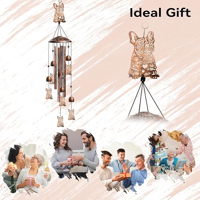 French Bulldog Wind Chimes for Outside, Decorative Wind Chimes French Bulldog Gifts for Women, Memorial Windchimes Outdoors with S Hook for Patio Garden Decor, Birthday Gifts for Mom Grandma （Copper）