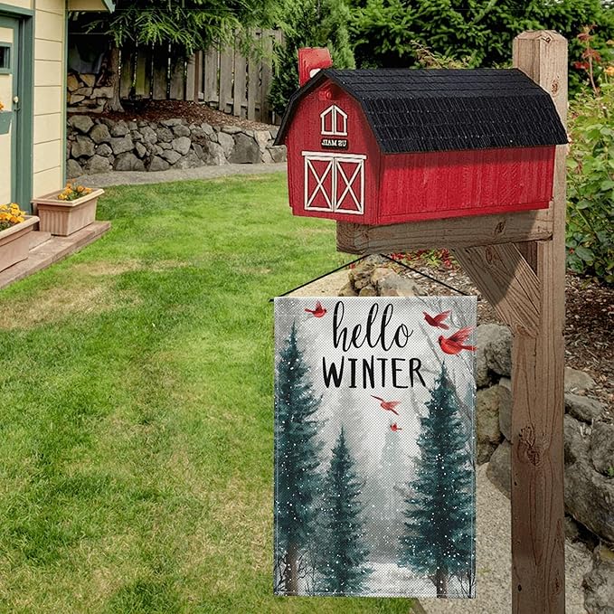 Hello Winter Garden Flag Seasonal Double Sided 12 x 18 Inch Small Yard Flag for Indoor Outdoor Decor Holiday All Seasons