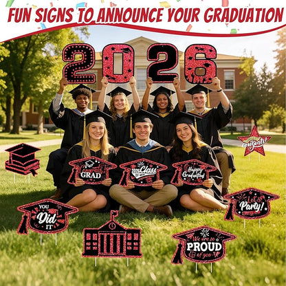13Pcs Graduation Yard Signs Class of 2026 Large Congrats Grad Sign with Stakes & String Hanging Graduation Decorations for Indoor Outdoor Yard Lawn Porch School (Red)