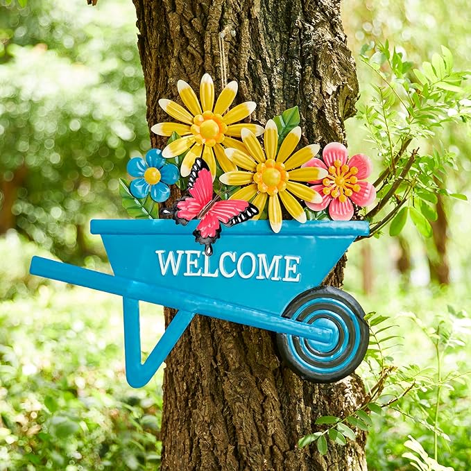 Glitzhome Metal Garden Stake Decor, Spring Yard Art Cart with Lifelike Flower or Wall Decor, Flower Barrow Stake Yard Sign Garden Decor for Outside, 30” H