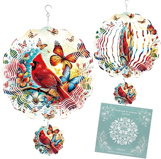 Cardinal Wind Spinner Outdoor, Bird Decor Gift for Men Women, Hanging Metal Wind Catcher with 3" Center Pendant, 12" 3D Stainless Steel Kinetic Art for Garden Yard