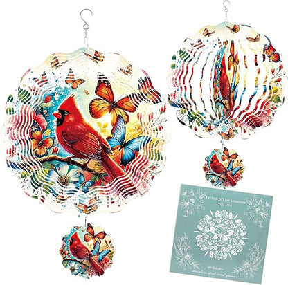 Cardinal Wind Spinner Outdoor, Bird Decor Gift for Men Women, Hanging Metal Wind Catcher with 3" Center Pendant, 12" 3D Stainless Steel Kinetic Art for Garden Yard