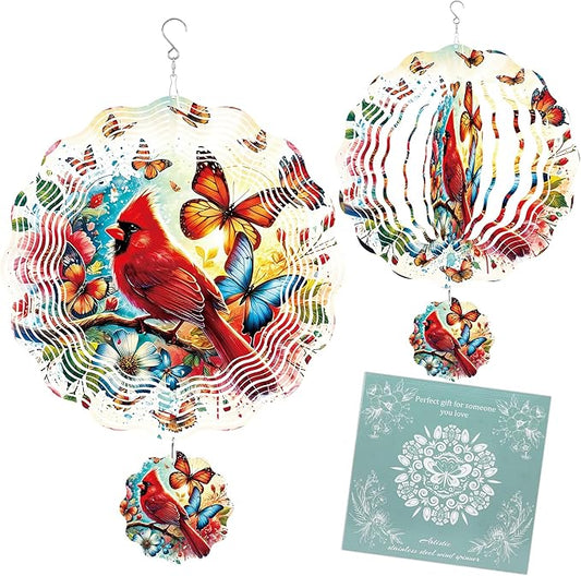 Cardinal Wind Spinner Outdoor, Bird Decor Gift for Men Women, Hanging Metal Wind Catcher with 3" Center Pendant, 12" 3D Stainless Steel Kinetic Art for Garden Yard