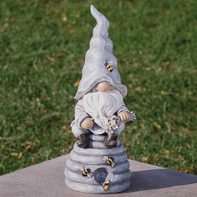 Roman 13.75" Gnome with Beehive Statue | Outdoor Garden Gnome with Bees & Flowers | Resin Whimsical Yard Décor