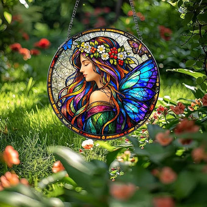 Stained Glass Window Hanging Suncatcher, 8" Round Fairy Butterfly Sun Catcher, Colorful Decorative Glass Art for Outdoor Indoor Home Garden, Gift for Mom & Wife