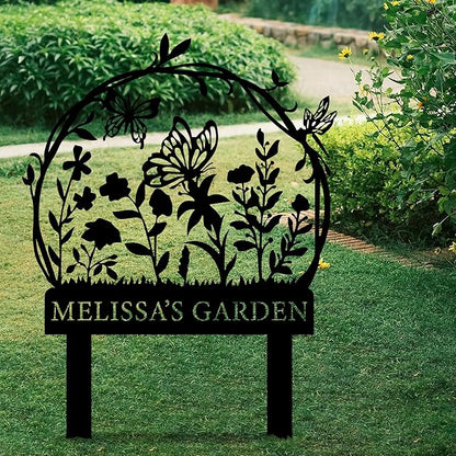 Personalized Garden Sign with Flower Design Custom Stake Butterfly Customized Gardening Gift Farmhouse Decor for Outside Gardening Decorative Gifts Gardeners Backyard Art Yard Outdoor Lawn Patio Path Black Large Camping Housewarming Mom Grandmother