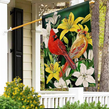 Furiaz Decorative Cardinal Flower Spring Summer Large House Flag Double Sided, Red Yellow Birds Home Lily Burlap Outside Garden Yard Decoration, Green Seasonal Outdoor Décor Flag 28 x 40