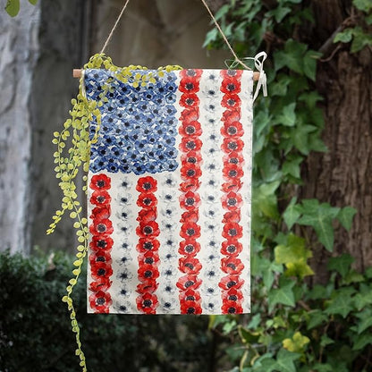 Patriotic Flower American House Flag 28 x 40 Double Sided Spring Summer Garden Decor 4th of July Memorial Independence Day Decorations Red White Blue Poppy Yard Banner for Outside