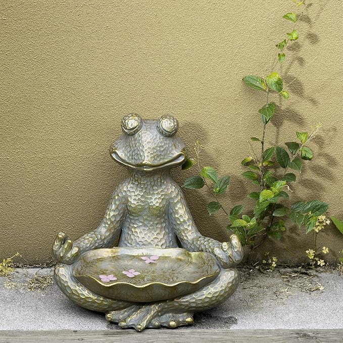 Glitzhome Meditating Yoga Frog Outdoor Statue Garden Sculpture Decor with Birdbath, 14.25" H, Bronze