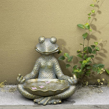 Glitzhome Meditating Yoga Frog Outdoor Statue Garden Sculpture Decor with Birdbath, 14.25" H, Bronze