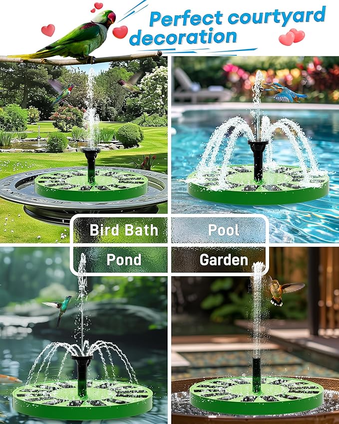 2.5W Solar Bird Bath Fountain – Upgraded Solar Pond Fountain with 6 Nozzles,Solar Fountain for Bird Bath, Pond, Garden Decor (Green)