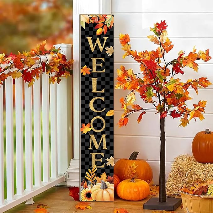 Fall Wooden Porch Sign 47" Autumn Pumpkin Maple Leaf Front Door Welcome Sign Vertical Standing Sign For Garden Home Yard Farmhouse Thanksgiving Decor