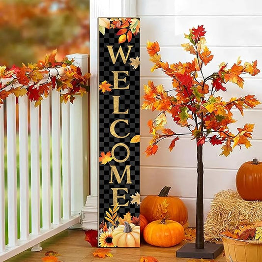 Fall Wooden Porch Sign 47" Autumn Pumpkin Maple Leaf Front Door Welcome Sign Vertical Standing Sign For Garden Home Yard Farmhouse Thanksgiving Decor