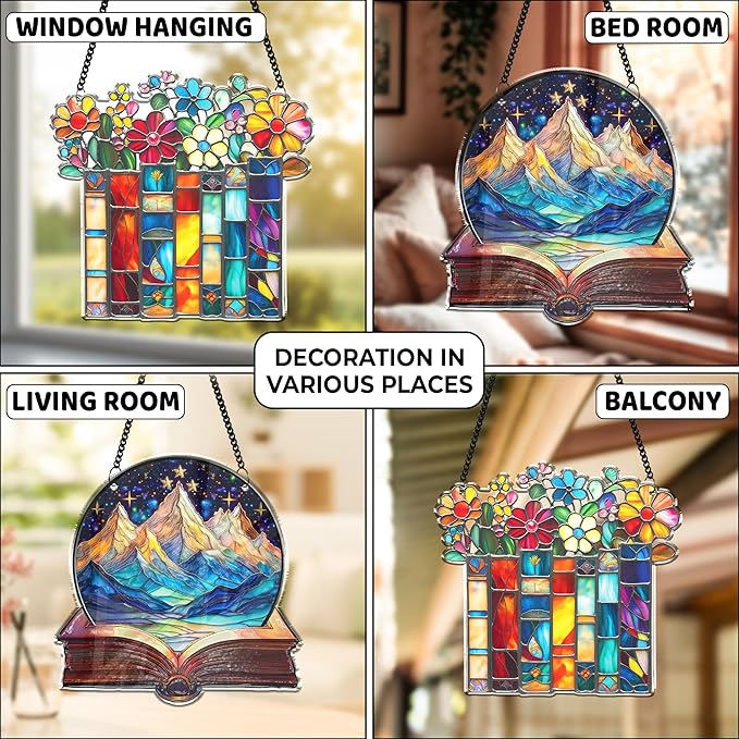 2 Book Floral Shelf Suncatchers 6" Window Hanging Acrylic Ornaments Back to School Teacher Appreciation Gift, Xmas Book Lover Gifts for Women Librarian Readers Bookshelf Decor Stocking Stuffer SS345