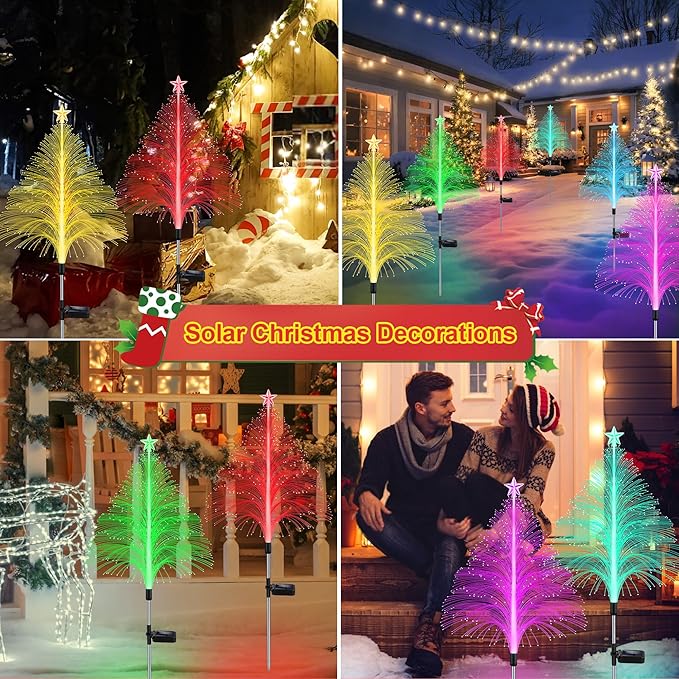 MRHEPHAESTUS Solar Christmas Decorations, 4 Pack 38.5 Inch 7 Color Changing Jellyfish Lights with 5 Layer Optical Fiber Solar Flower Lights for Outdoor Xmas Yard Garden Pathway Decor
