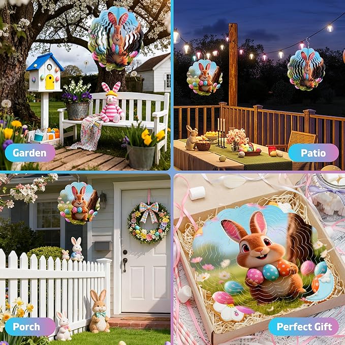 Rabbit Metal Wind Spinner for Garden, Rabbit Eggs Gifts for Easter Women Men Mother Father, 12 Inch Hanging Wind Spinner for Outdoor & Indoor Decorations