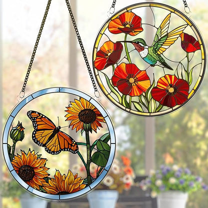 2 Hummingbird Butterfly Acrylic Suncatchers, 6" Suncatchers for Window Hanging Indoor, Art Decor for Home, Garden, Housewarming, Gift for Mom, Grandma, Women, Friend, Bird Lover SCB-A6-B2