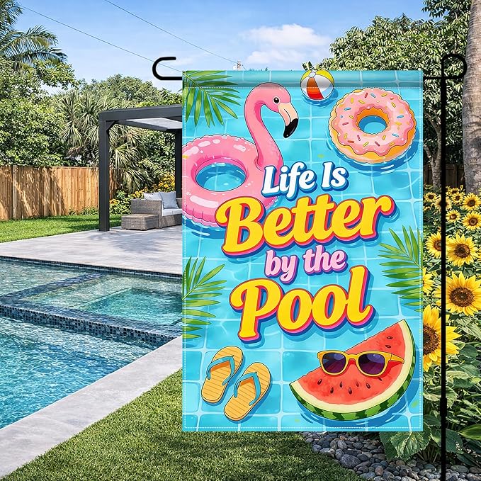 BlissYard Life Is Better By The Pool Garden Flag 12x18 Double Sided Vertical Outdoor Summer Poolside Decor Flamingo Donut Float Tropical Yard Lawn Patio Banner