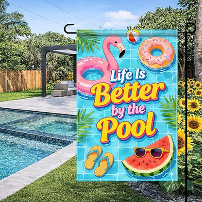 BlissYard Life Is Better By The Pool Garden Flag 12x18 Double Sided Vertical Outdoor Summer Poolside Decor Flamingo Donut Float Tropical Yard Lawn Patio Banner
