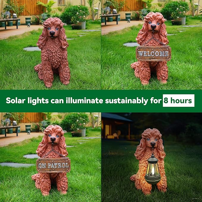 Poodle Dog Garden Statue with Solar Lantern & Double-Sided Welcome Sign, 14.4" Tall Outdoor Pet Sculpture Decor for Front Porch, Patio, Yard and Lawn, Dog Lover Gifts (Brown)