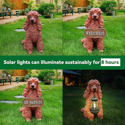 Poodle Dog Garden Statue with Solar Lantern & Double-Sided Welcome Sign, 14.4" Tall Outdoor Pet Sculpture Decor for Front Porch, Patio, Yard and Lawn, Dog Lover Gifts (Brown)