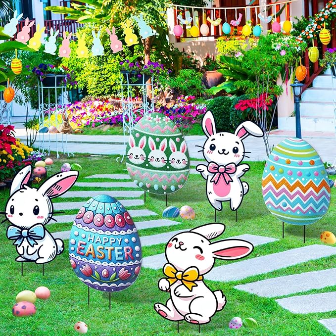 DoubleFill 3 Pcs Easter Decorations Outdoor 3D Metal Easter Eggs Yard Signs Decorative Garden Stakes Eggs Bunny Lawn Decorations Yard Decor for Spring Ornament Lawn Pathway Garden(Crayon Style)