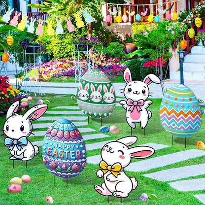 DoubleFill 3 Pcs Easter Decorations Outdoor 3D Metal Easter Eggs Yard Signs Decorative Garden Stakes Eggs Bunny Lawn Decorations Yard Decor for Spring Ornament Lawn Pathway Garden(Crayon Style)
