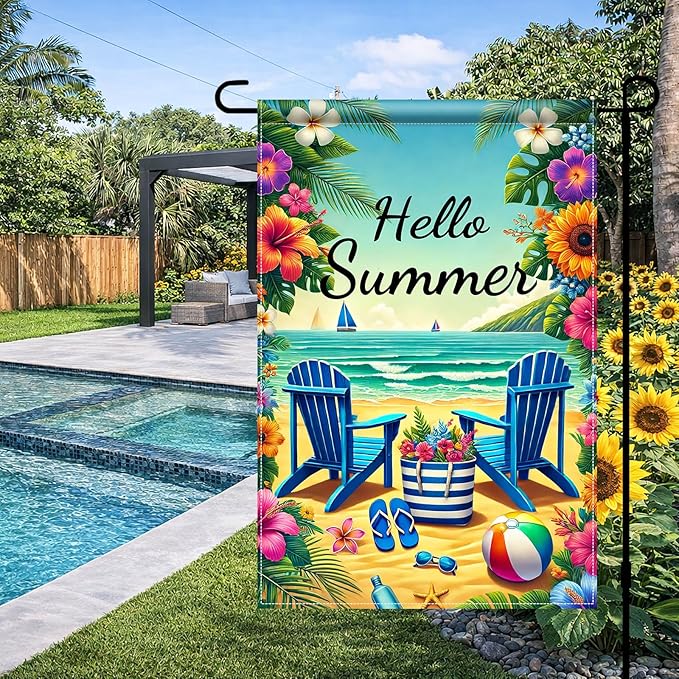 HOMETITUTE Hello Summer Garden Flag Beach Chair Sunset Sea 12x18 Inch Double Sided Welcome Small Seasonal Holiday Yard Outdoor Sign Outside Home House Beach Party Decorations