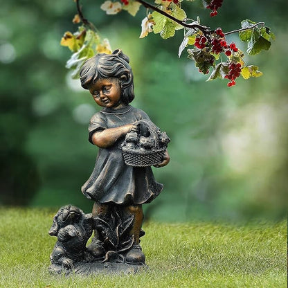 LuxenHome Garden Decor Statue,23" Fiber Stone Girl and Puppy Outdoor Statue, Bronze Garden Sculpture, Outdoor Art for Patio Courtyard Backyard Decor, House Warming Gifts