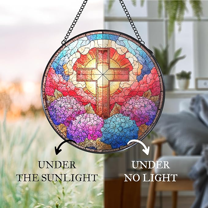 Cross Hydrangea Flower Stained Glass Window Hanging Suncatcher, Christian Cross Sun Catcher Indoor Window Decor, Christian Gifts Painted Glass Round Wall Hanging Decorations, 7.8x7.8 in