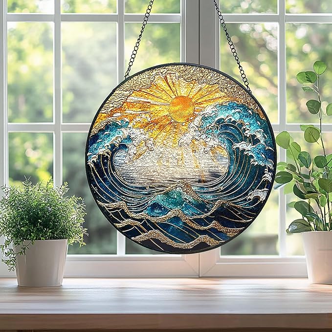 Ocean Wave Sunset Suncatcher Stained Glass Window Hanging - 10" Hand-Painted Sun Catcher Garden Hanging Decoration with Metal Chain Outdoor Garden Decor Christmas for Women