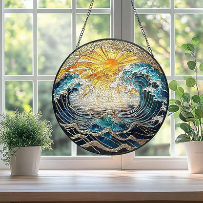 Ocean Wave Sunset Suncatcher Stained Glass Window Hanging - 10" Hand-Painted Sun Catcher Garden Hanging Decoration with Metal Chain Outdoor Garden Decor Christmas for Women